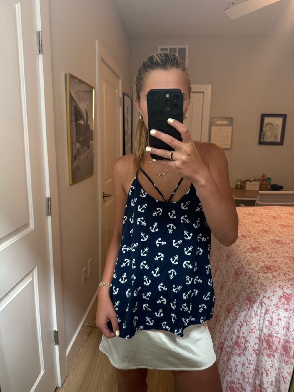 Navy Anchor Print Strappy Tank Top